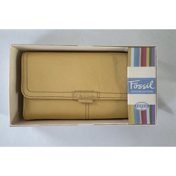 New Old Stock Vintage Fossil Yellow Bi Fold Checkbook Leather Yellow ID Wallet - Picture 1 of 9